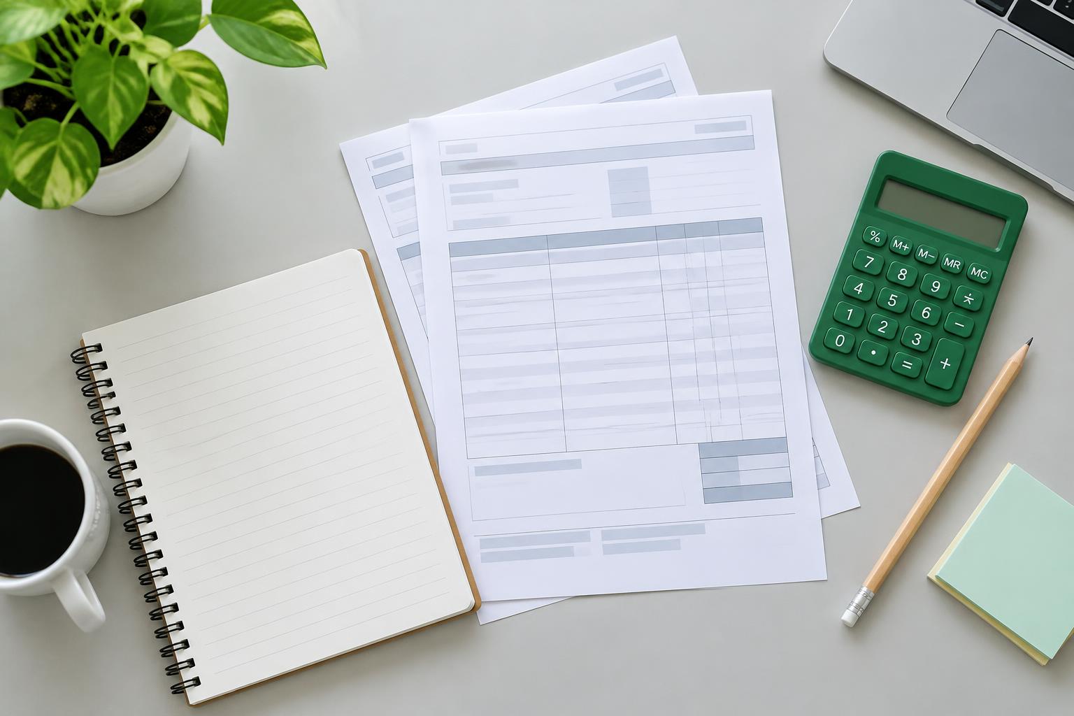 Calculadora e documentos sobre uma mesa de trabalho